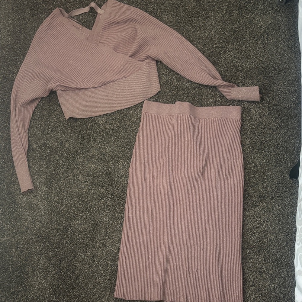 Fashion Nova shimmer Mauve Ribbed Knit Skirt Set